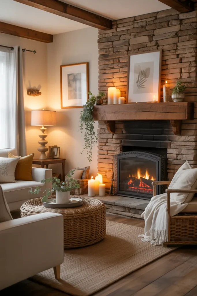Cozy Fireplace with Rustic Mantel