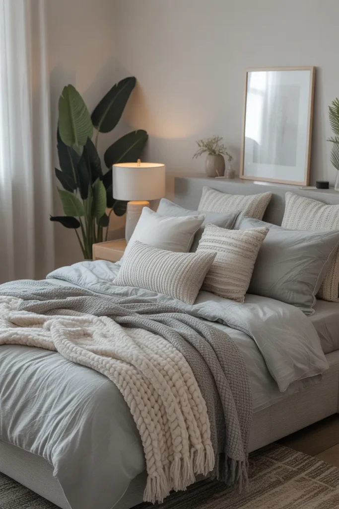 Grey Bedroom with Layered Bedding
