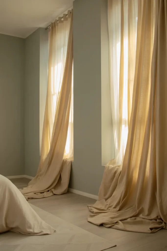 Grey Bedroom with Soft Curtains and Drapes