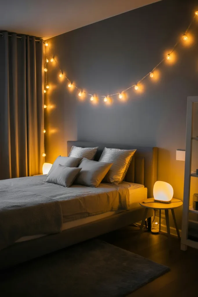Grey Bedroom with Warm Lighting