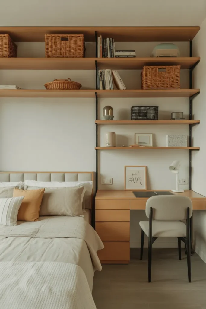  Small Bedroom with Wall-Mounted Shelves