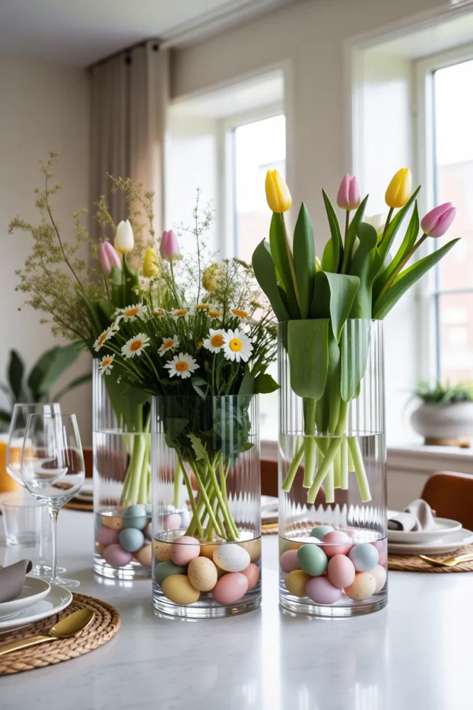 Try Layering Eggs and Blooms in Clear Vases